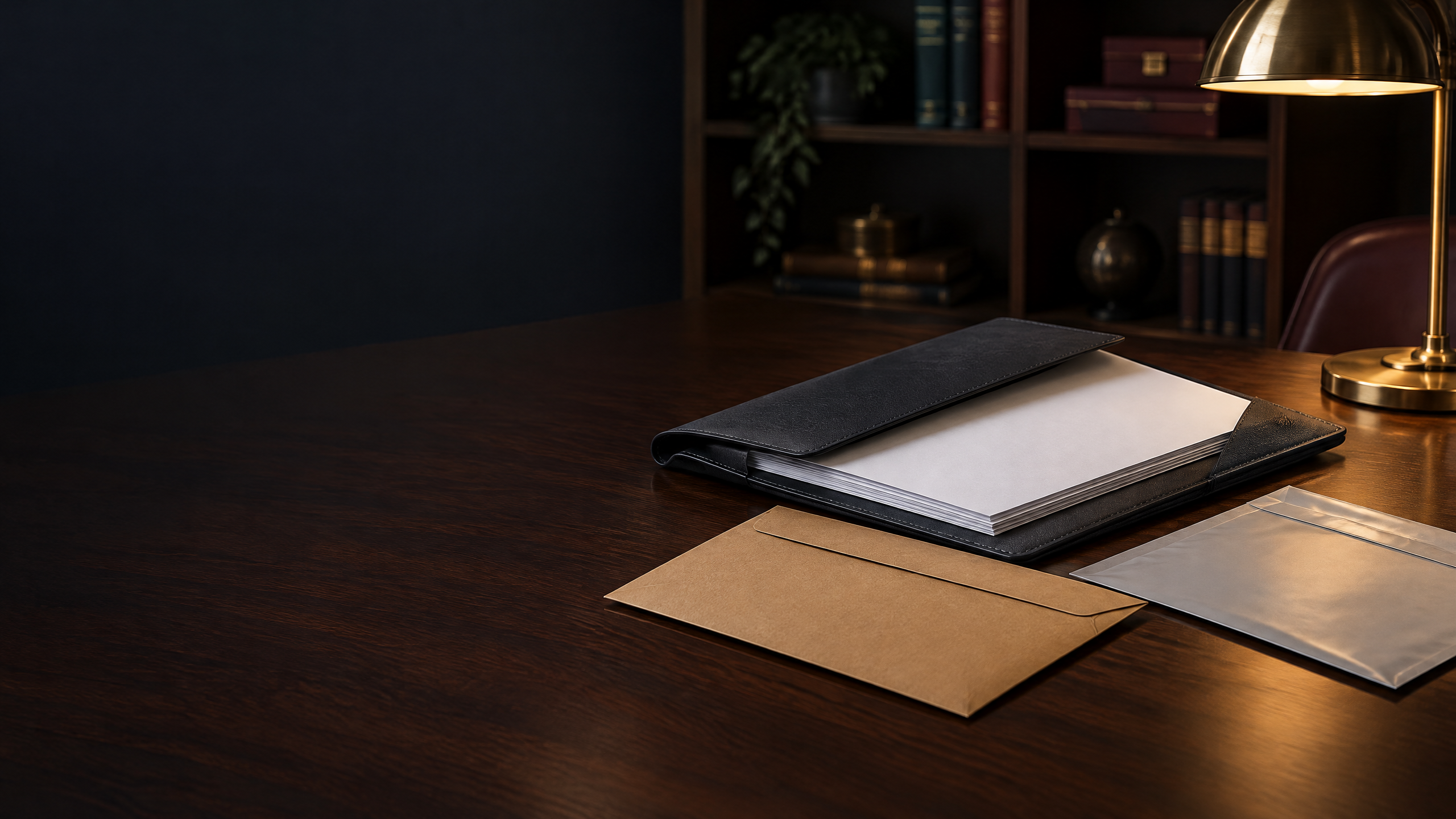 Blank documents in a secure portfolio beside a shipping envelope on a desk