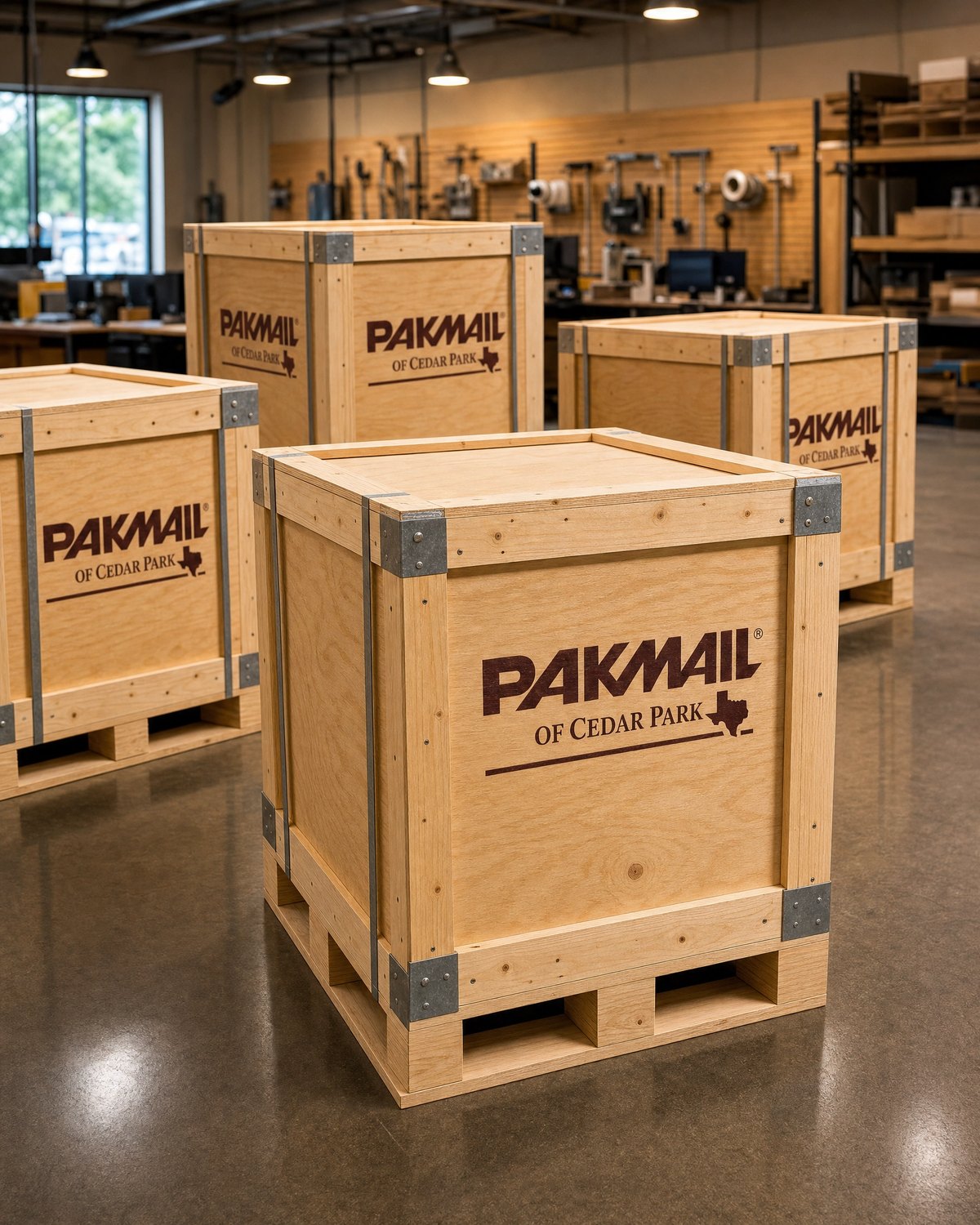 Custom wooden crate being built for freight shipping at Pak Mail of Cedar Park